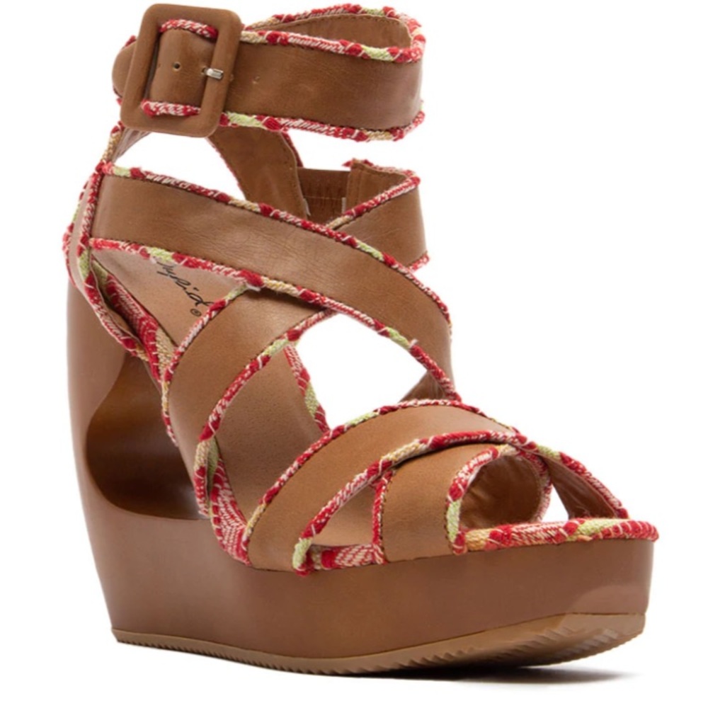 Strappy Sandal Platform Wedge Heels Open Toe tan pink green Size 8